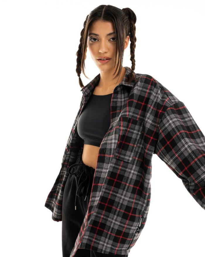 Boyfriend Oversized Overshirt Καρό Grey-Red-Black