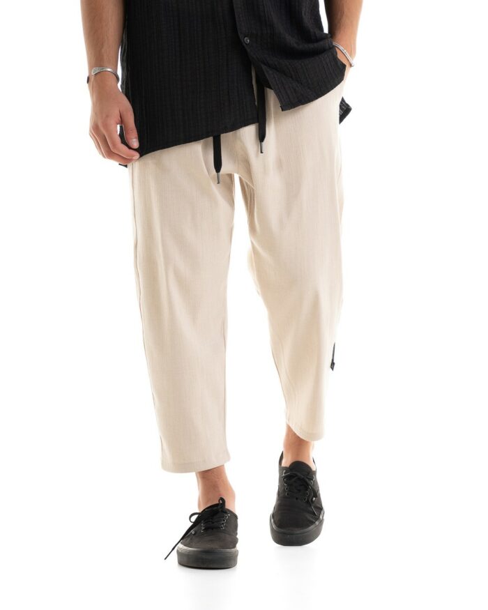 Παντελόνι Υφασμάτινο Ζακάρ Crop Beige