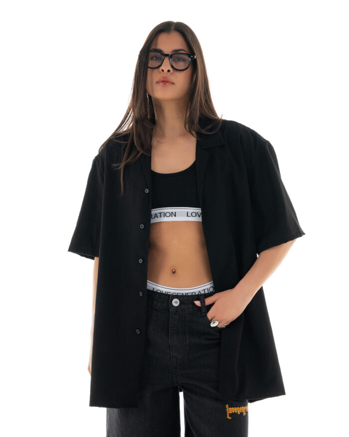 Boyfriend Oversized Short Sleeve Shirt Waffle Black